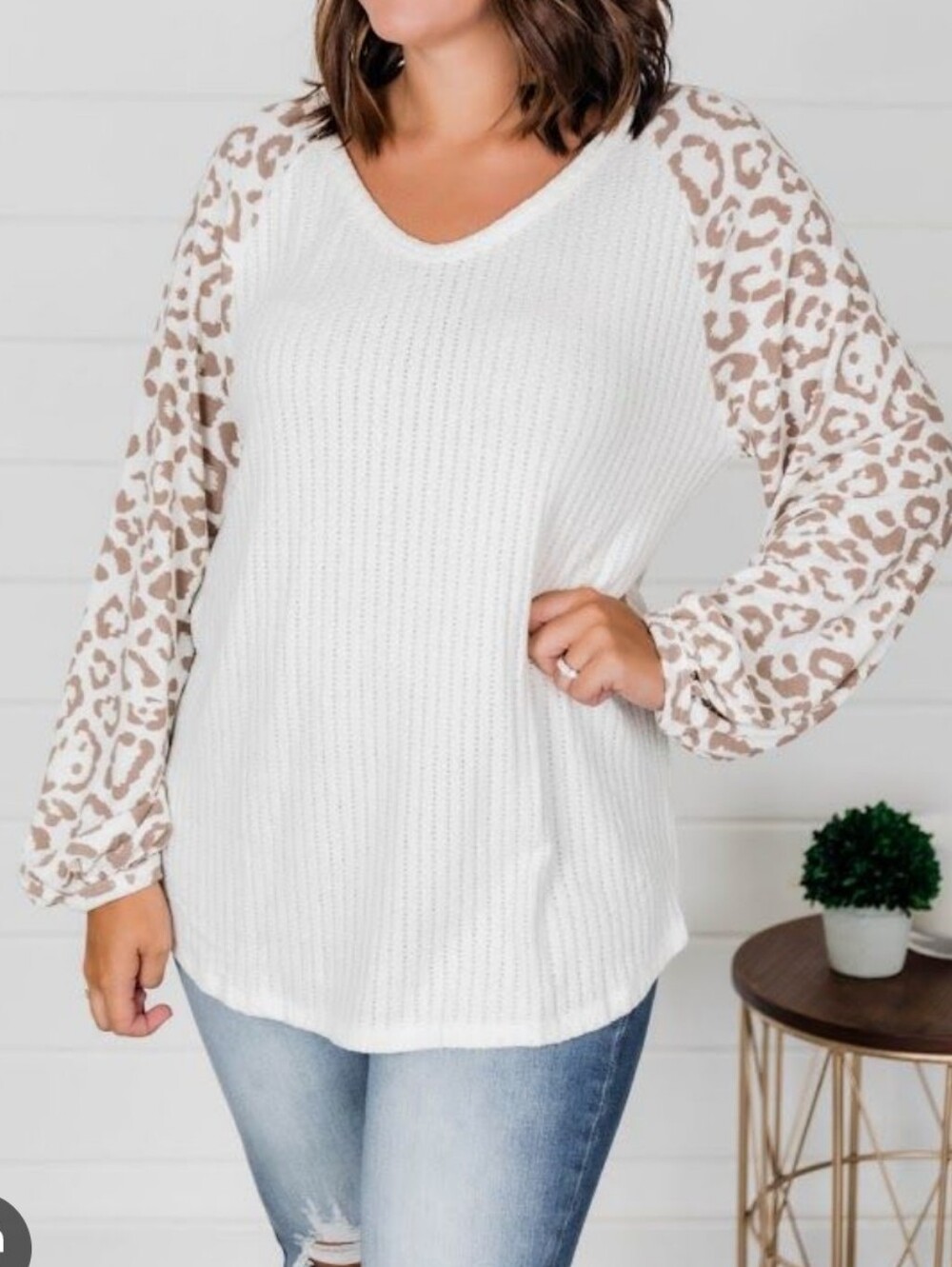 belle by Kim Gravel Cream V-Neck Thermal Top With Leopard Sleeves